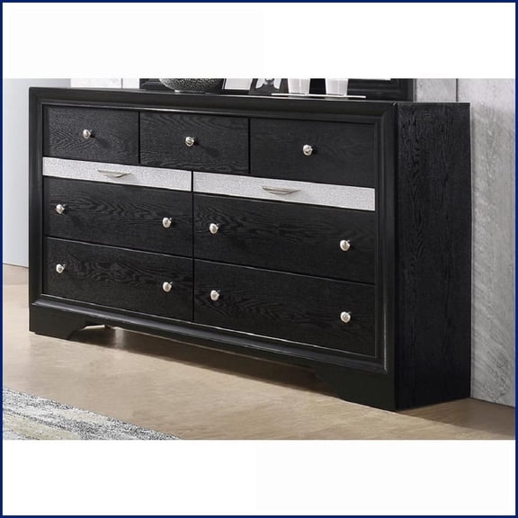 Dresser, Modern Glam 7-Drawer with 2 Jewelry Trays, 63” W | Black | Solid Wood