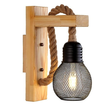 

Hemp Rope Led Industrial Wall Sconce/wooden Lamp E27 Base black