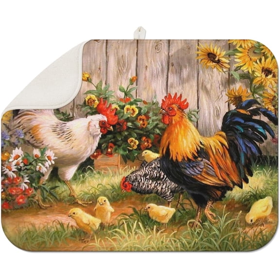 Dish Drying Mat Drainer Pads - Extra Large Microfiber Drying Mats for Dishes Kitchen Counter Super Absorbent Pads for Draining Racks (Rooster,18"x24" )