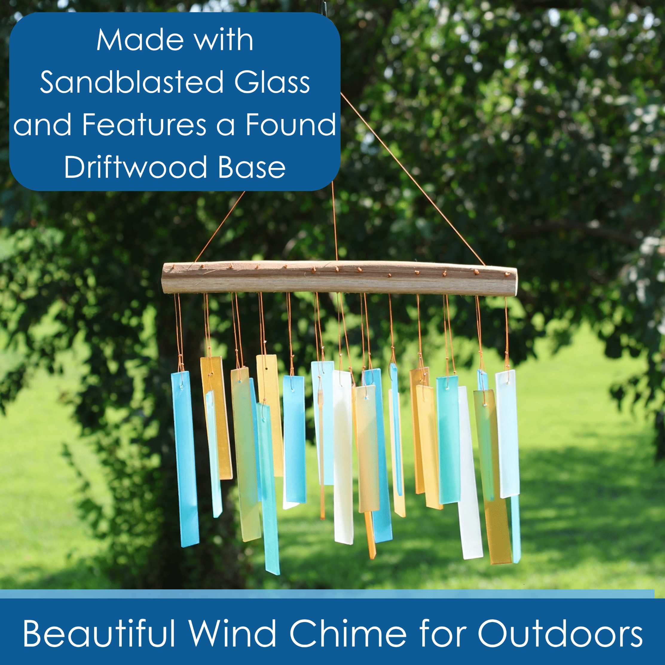Blue Handworks Glass Wind Chime, Caribbean Beach Windchime, Outdoor Decor