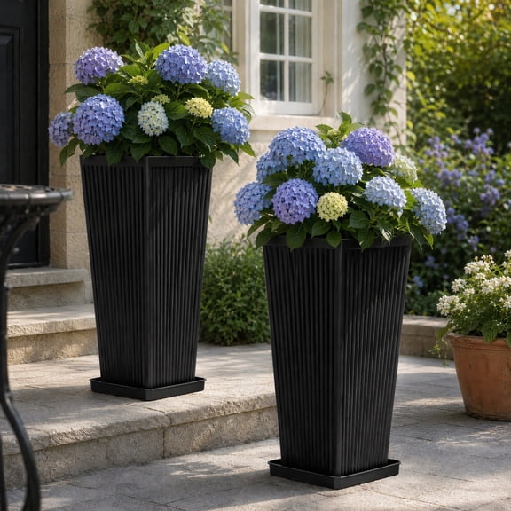TopComfy Tall Planters for Outdoor Plants Set of 2, 23.6" Modern Tapered Indoor Flower Pots with Drainage Holes/Partition/Tray for Porch Patio Garden, Black