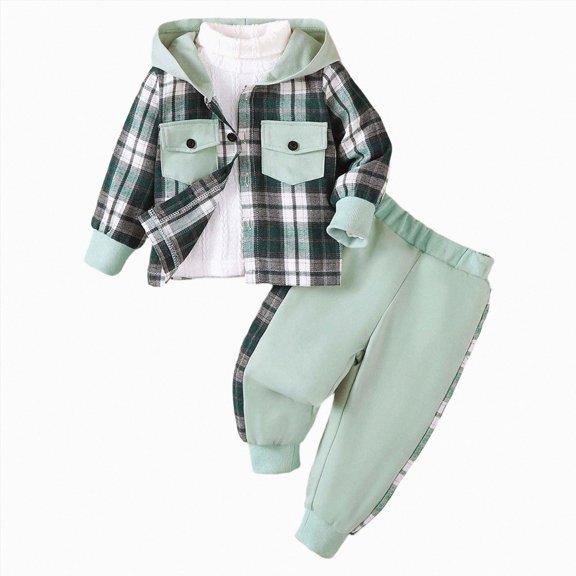 Duqingm Toddler Baby Boys Clothes Plaid Button Down Hooded Shirt Sweatpants Fall Winter Outfits Set (Green,3-4 Years)