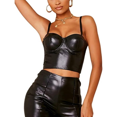 

Sleeveless PU Leather Sexy Tank Women Tube Tops Black Fashion Party Wrap Fall Winter Corset Breast Vest Clubwear