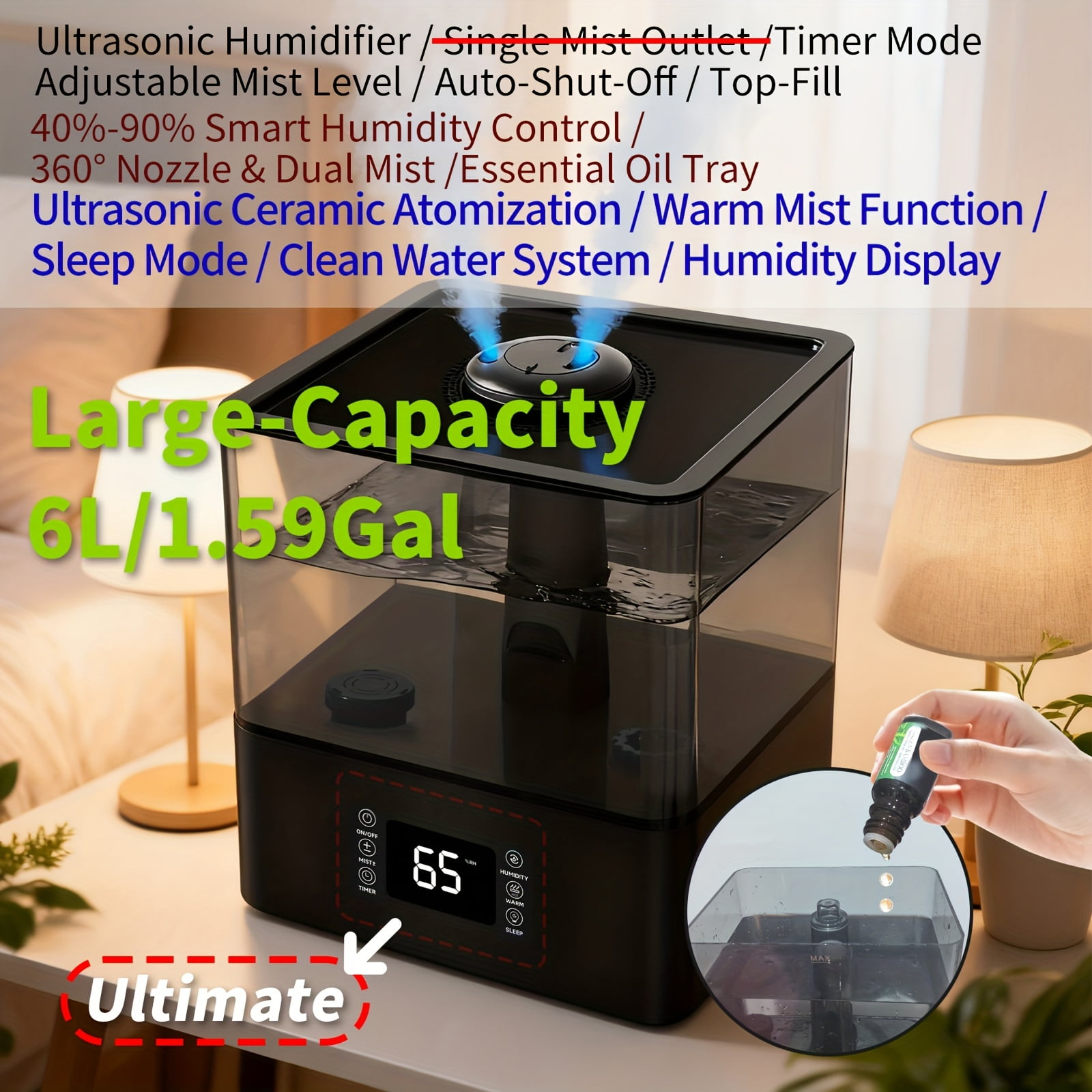 7L/1.85Gal Home Humidifier - 60H Runtime, Top-Fill, 360° Nozzle, Dual Mist, Aroma Diffuser, Baby/Office