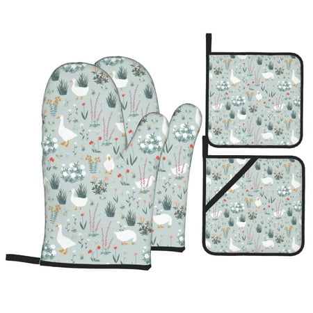 

Oven Mitts and Pot Holders Sets 4 pcs - Goose and Doodle Flowers Heat Resistant Silicone Oven Gloves with Non-Slip Silicone Surface and hot pads for kitchen Baking Cooking BBQ