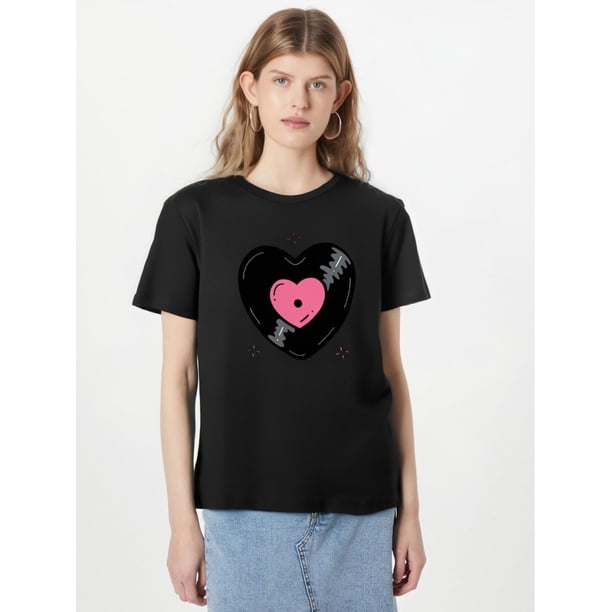 Camiseta elegante con estampado de corazón para mujer: suave, cuello redondo, manga corta, informal, con detalle acanalado, ideal para primavera y verano. Para adultos, hombres, mujeres, adolescentes,