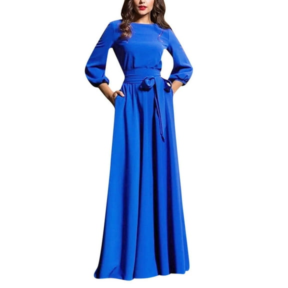 IROINNID Long Dress for Women Formal Wedding Guest Formal Dress Crewneck Lantern Long Sleeve Pullover Belt Solid Color Dress,Blue