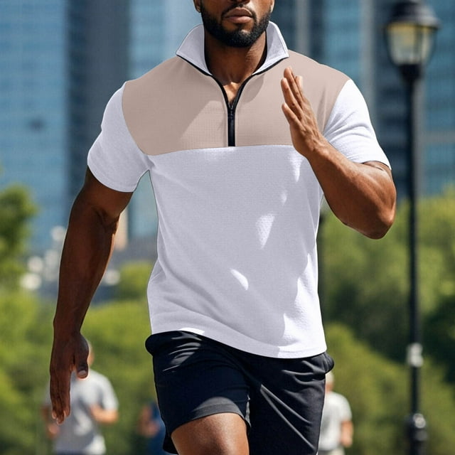 Blusa y camisa de manga corta con cuello alto para hombre, con bloques de color, manga corta, cremallera, cuello alto, informal, deportiva, blusa para hombre