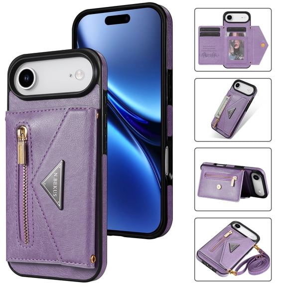 Poweltek For iPhone Air (2025) PU Leather Wallet Phone Case with Detachable Shoulder Strap, Slim Shockproof Protective Cover with Card Slot Cover, Purple