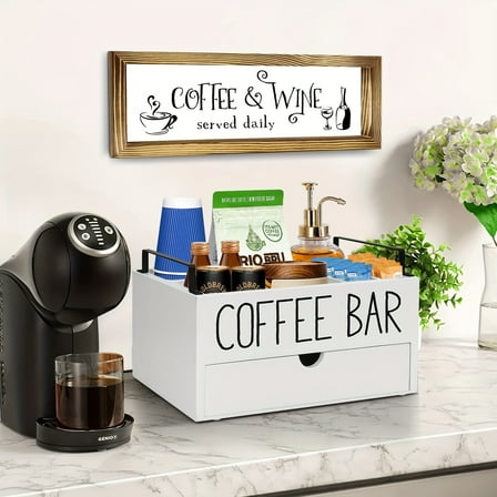 ​​Wooden Coffee Bar Organizer | Farmhouse Style with Drawer | for Pods, Cups & Accessories | No-Tool Assembly​​