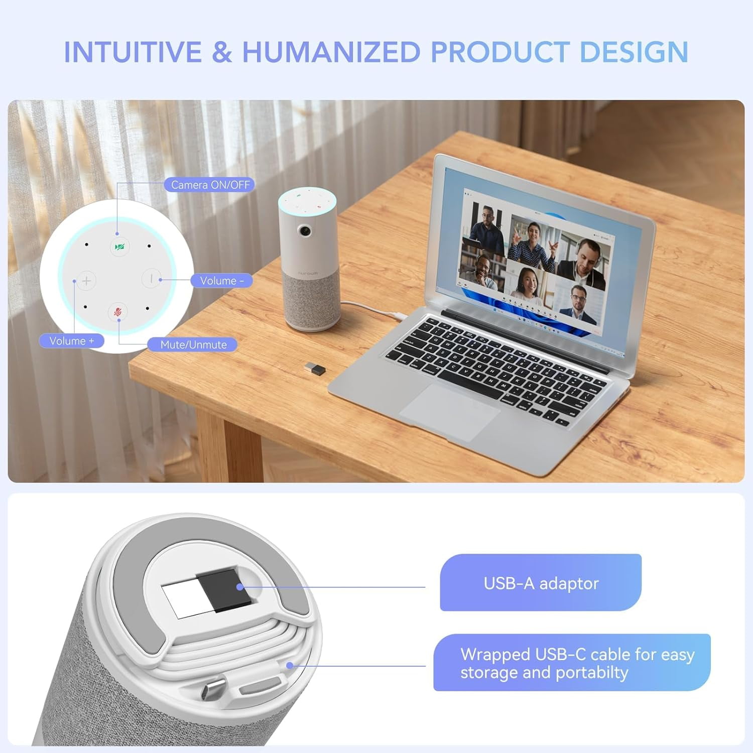 Nuroum C10 1080P Conference Webcam with Microphone Speaker,  AI Noise Cancellation, White, New