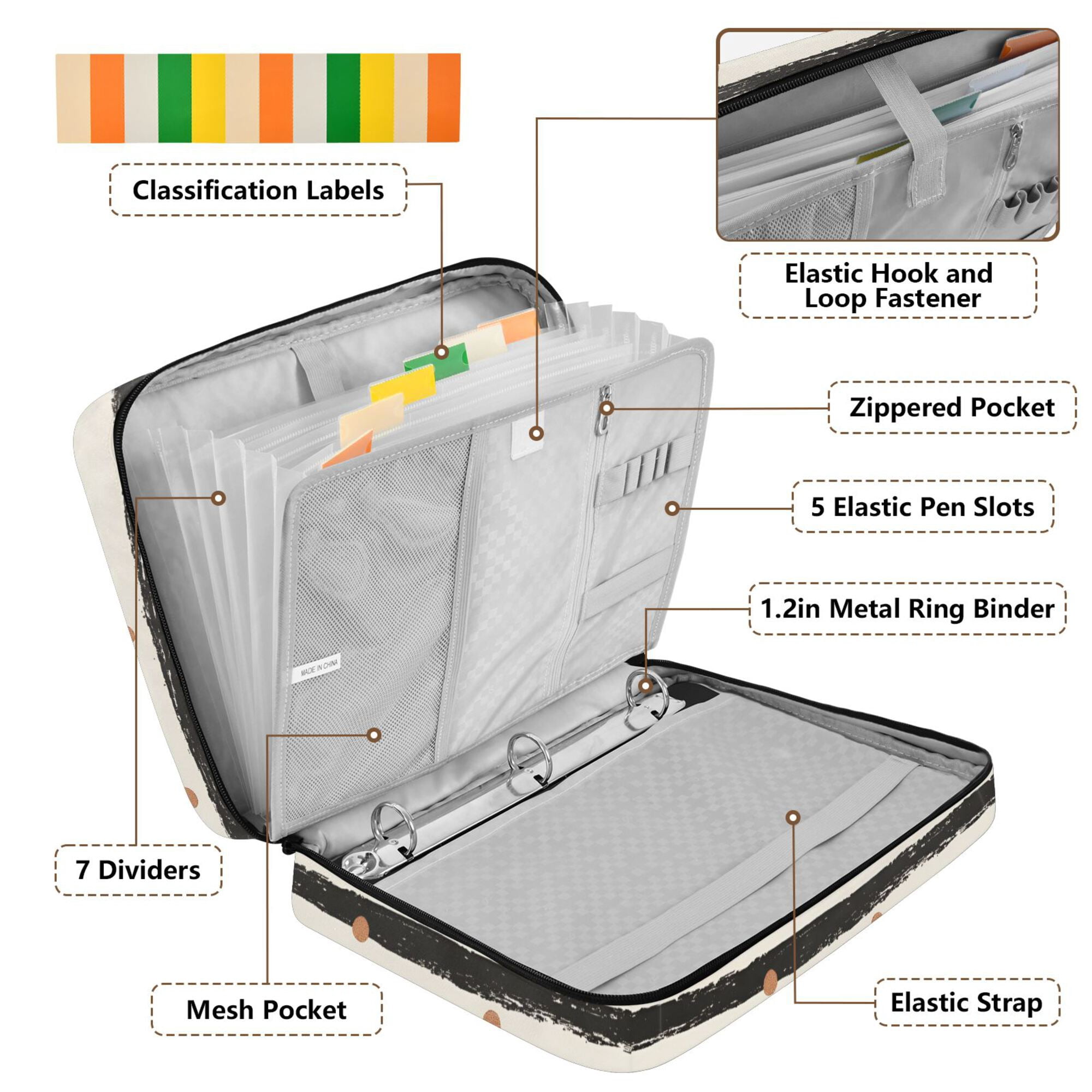 FORMRS Accordion File Folder A4 Size 7-Pocket Expanding Document Organizer Bag with 3 Ring Binder, Black Stripes