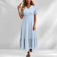 thumbnail image 3 of YuXingFu Womens Cotton Dresses with Sleeves Maxi V-Neck Plus Size Womens Dress Short Sleeve for Beach Long Casual Summer Light Blue L, 3 of 7