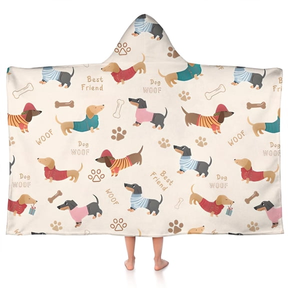 Dachshund Hooded Bath Towel，50"x30" for Ages 3 To 12 Kids, Quick Dry Lightweight Soft Microfiber Hood Beach Towel Cover Up for Kids