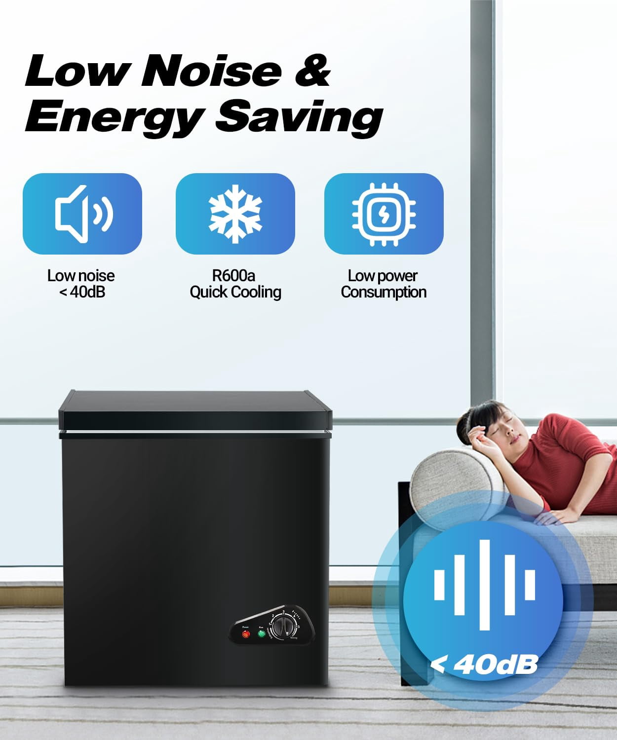 5.0 Cu.Ft Mini Chest Freezer, 2 Removable Baskets, 6 Level Adjustable Thermostat Front Defrost Drain, Quiet R600a Compressor for Dorm Home, Black