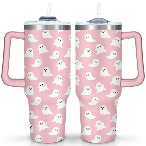 Halloween 40oz Insulated Stainless Steel Tumbler - Ghost & Witch Design,Spill-Proof Lid,Handle & Straw,Travel Coffee Cup,Boo Gift for Women Men (1PC)