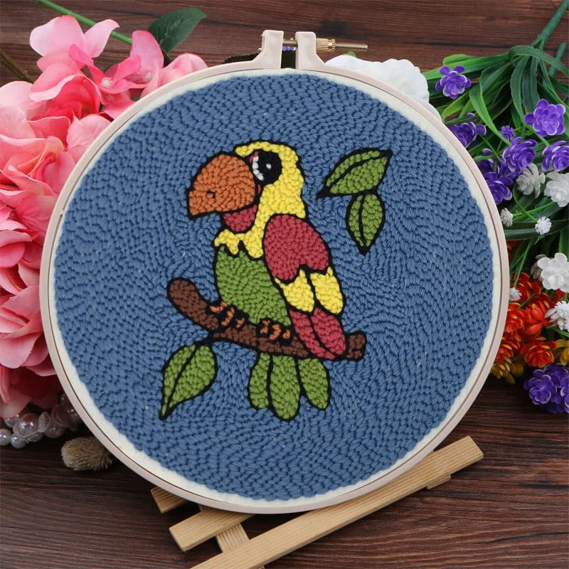 2 Pack Easy Smaller Size DIY Craft Punch Needle Embroidery Kits Rug for Starter Kits with Stamped Color Pattern with Instruction,Yarn and Wood Needle Pen,15cm Hoop (Parrot Bird)