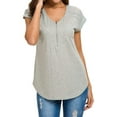 thumbnail image 3 of Uhndy Women's Lace Stitching Short Sleeve V Neck Zip Up Shirt Gray L-LQ, 3 of 6
