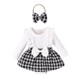 thumbnail image 1 of ZAXARRA Infant Baby Girls Fall Rompers Dress Lace Ruffles Rib Knit Houndstooth Skirt Hem Jumpsuits with Headband, 1 of 8