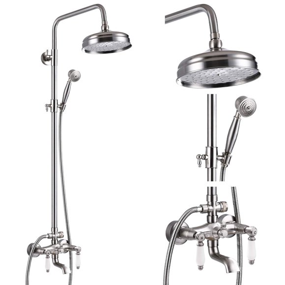 gotonovo Ensemble de Robinet de Douche Brossé Nikcel 8 Pouces avec Vaporisateur à Main Double Poignée Bec de Baignoire Triple Fonction Montage Mural Salle de Bain