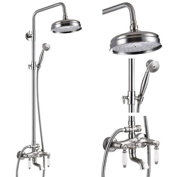 gotonovo Ensemble de Robinet de Douche Brossé Nikcel 8 Pouces avec Vaporisateur à Main Double Poignée Bec de Baignoire Triple Fonction Montage Mural Salle de Bain