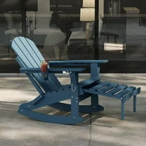 Patiokingdom Folding Adjustable Adirondack Rocking Chair with Retractable Ottoman and Cup Holders - Weather-Resistant Outdoor HDPE Recliner for Poolside, Patio, Lawn, Garden - Navy