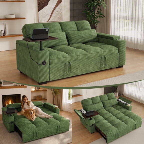 65" Sofa Bed, Loveseat 3-in-1 Sleeper Sofa with Pull Out Bed, 360° Swivel Side Table and USB, 2 Seater Convertible Small Couch for Living Room Apartment (Green, Corduroy)