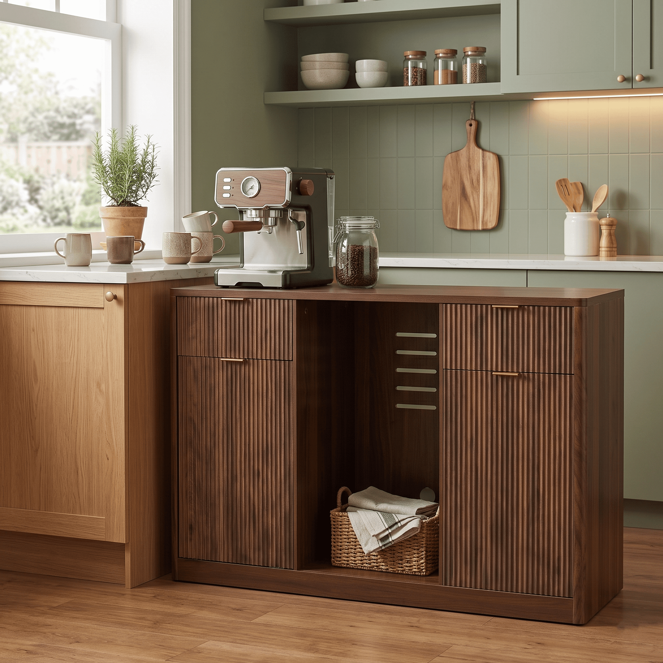 Homy Casa 59" Fluted Kitchen Island with Mini Fridge Space, Trash Cabinet and Outlet, Dark Walnut