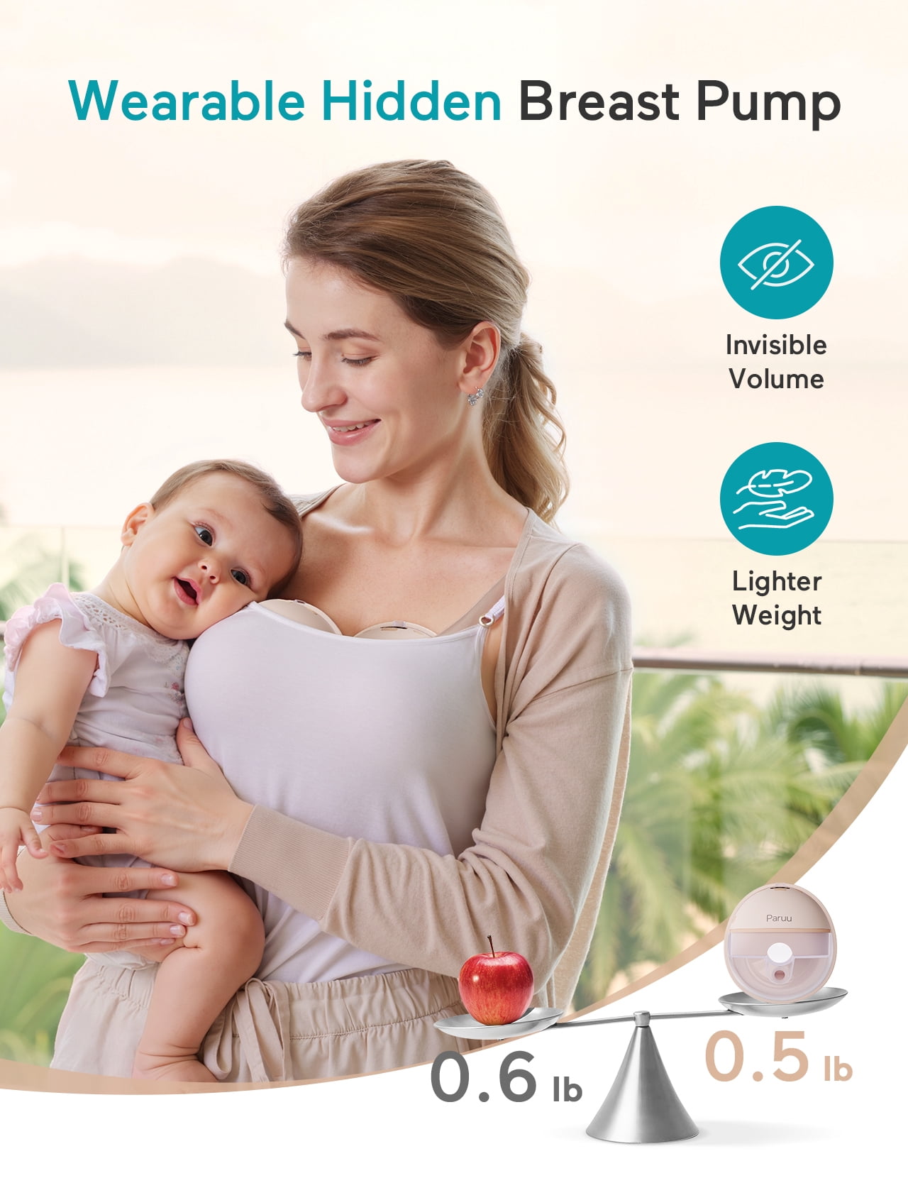 Paruu Wearable Breast Pump 4 Modes, 12 Levels, 240g, BPA-Free, Hands Free Breast Pump, Comfortable, Leak-Proof, Strong Suction