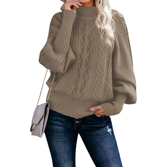 Sweaters for Women Mock Neck Cable Knit Sweater Ribbed Lantern Sleeve Knitted Pullover Sweater Alsol Lamesa