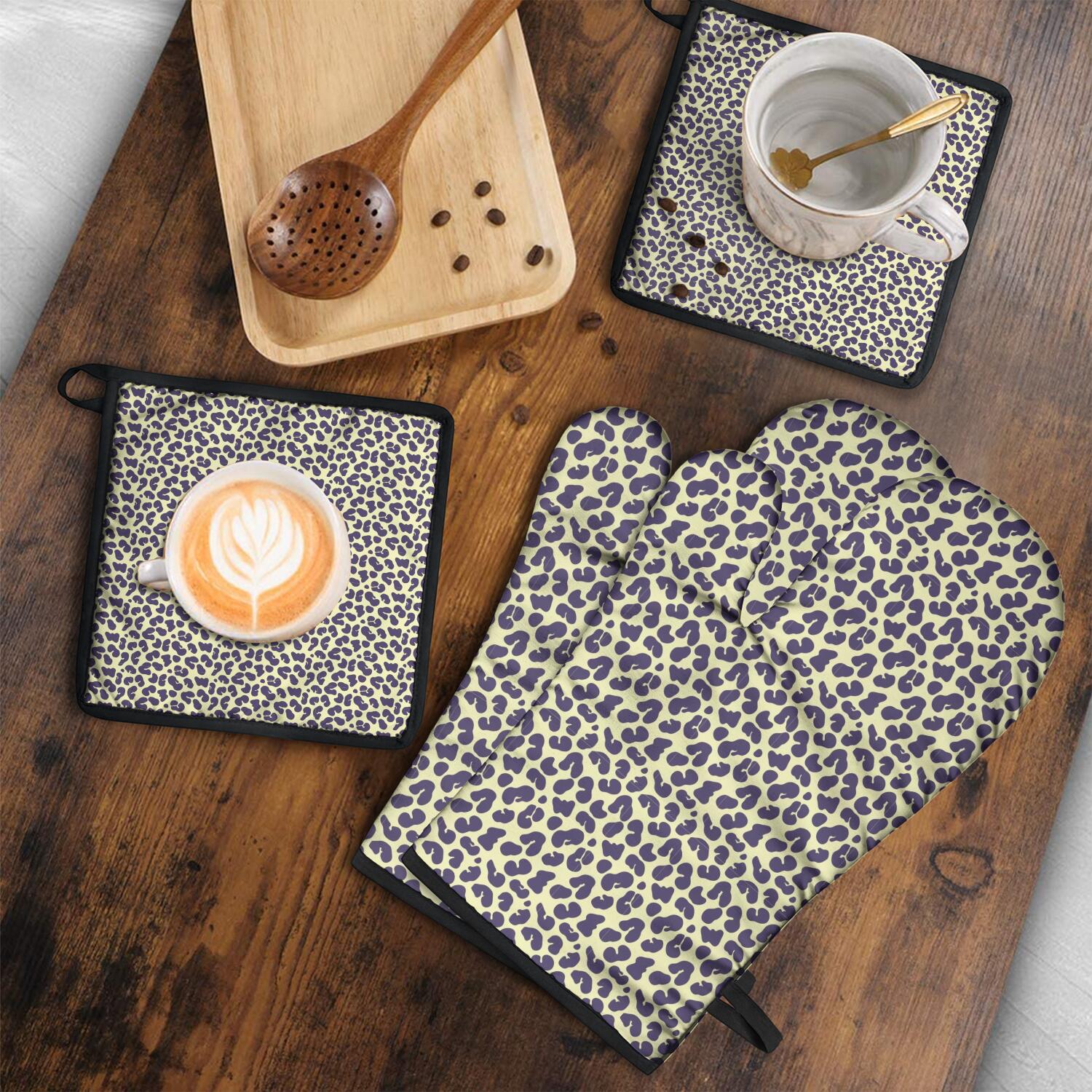 Leopard Print Oven Mitts and Pot Holders Set Of 4, Heat Resistant Kitchen Gloves with Non-Slip Grip, Hanging Loop, Soft Cotton Lining for Baking, Cooking, Grilling, Barbecue