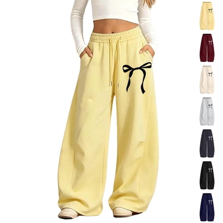 Sweatpants for Kids Elastic Waist Baggy Casual Bow Print Wide Leg Sweatpants Girls Athletic Pants Yellow Sweatpants Back to School Clothes 10-11 Years