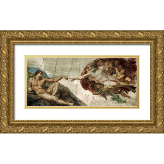 Michelangelo 24x13 Gold Ornate Wood Framed with Double Matting Museum Art Print Titled - Creation of Adam - Detail