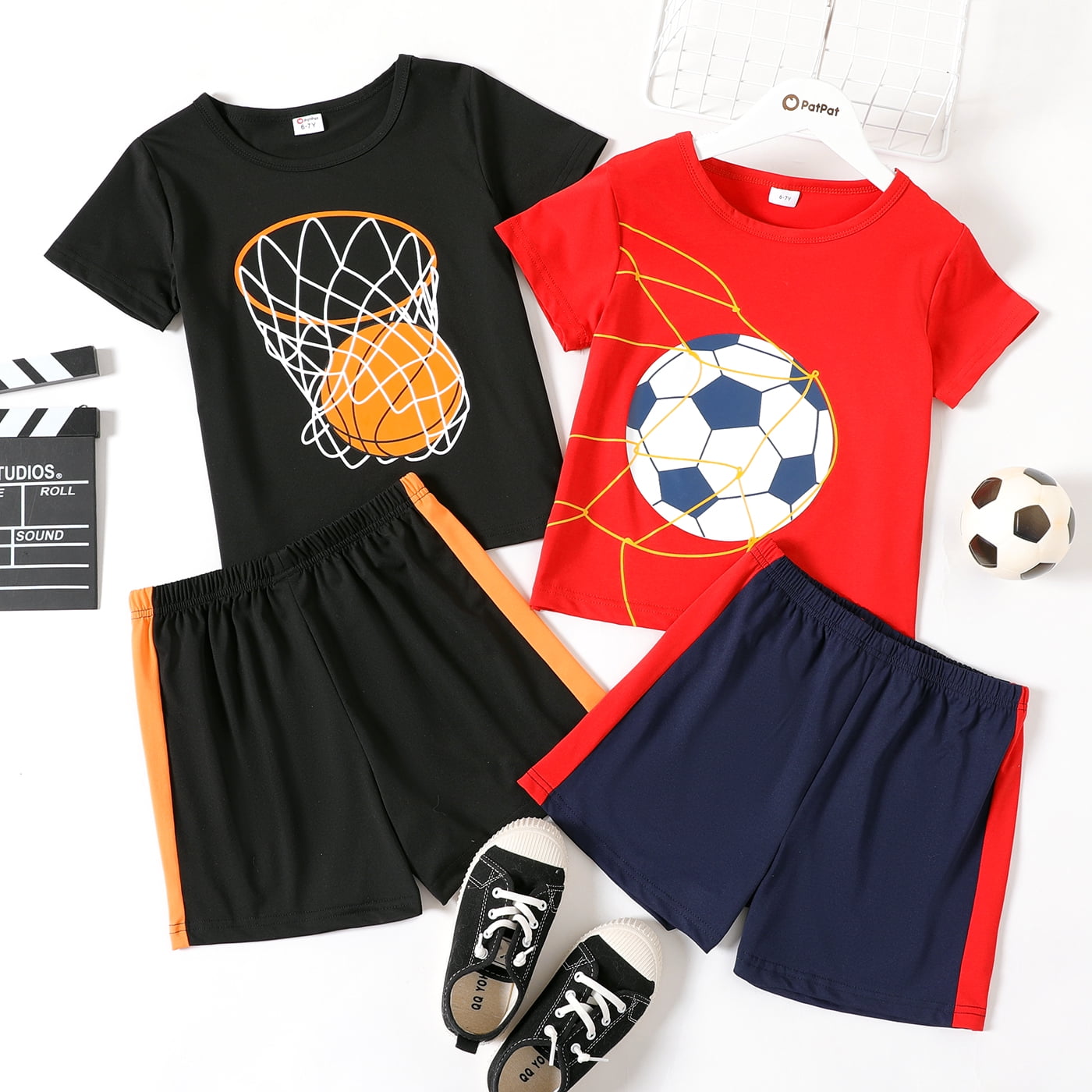 PatPat Kid Boy Basketball/Football Print Short-sleeve Tee and Elasticized Shorts Set,Sizes 4Y-12Y,2-Piece