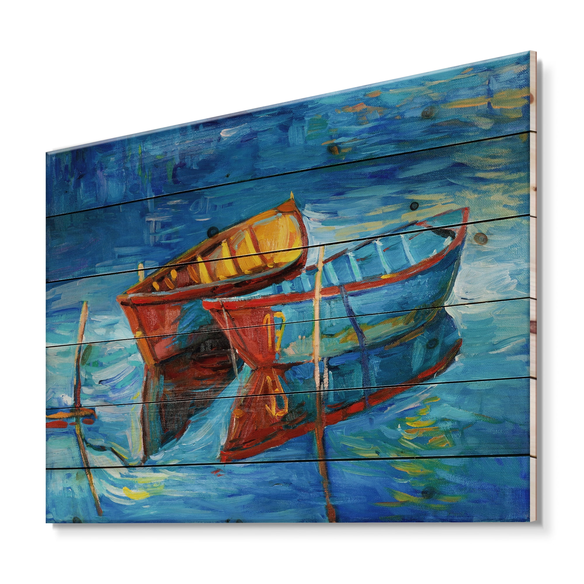 Designart 'Boat At The Lake During Evening Glow III' Nautical & Coastal Print on Natural Pine Wood