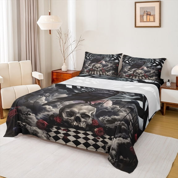 Castle Fairy Animal Black Crow Twin Sheet Sets 3pcs for Boys Girls,Gothic Floral Rose Skull Twin Fitted Sheet Microfiber,Geometric Plaid Grid Breathable Flat Sheet,Lightweight Room Decor