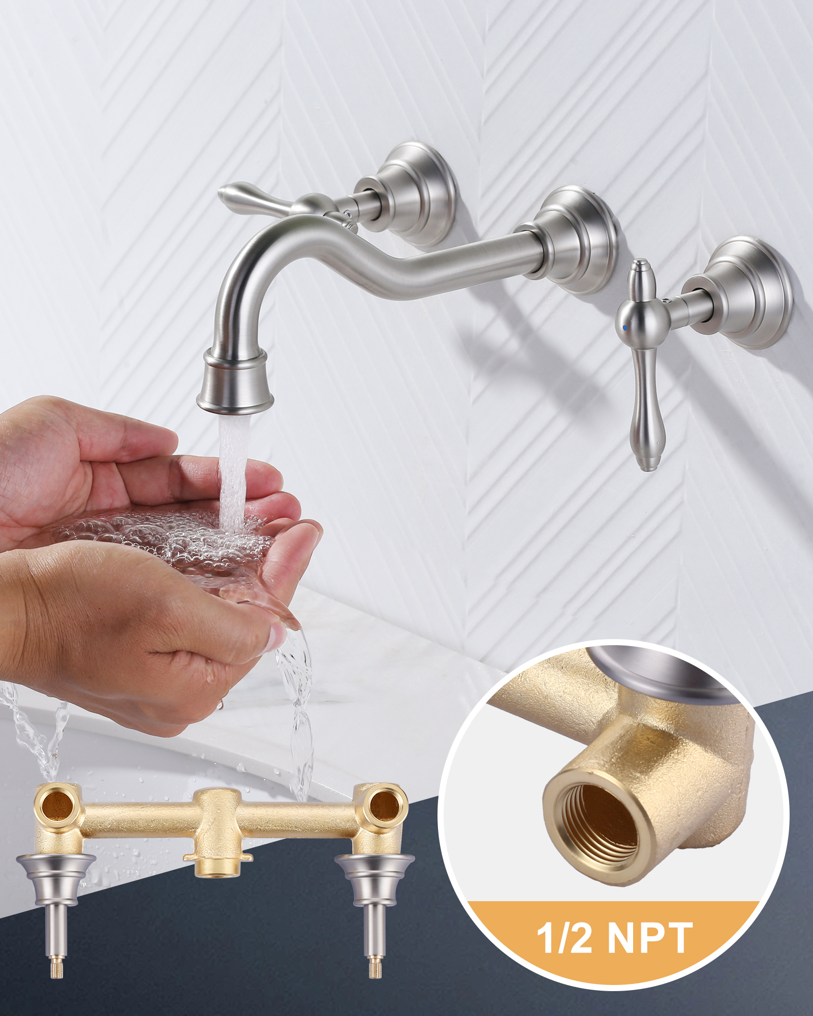 Wowow 8 in. Wall Mount 2-Handle Bathroom Sink Faucets Brass and Rough-in Valve Included,Brushed Nickel