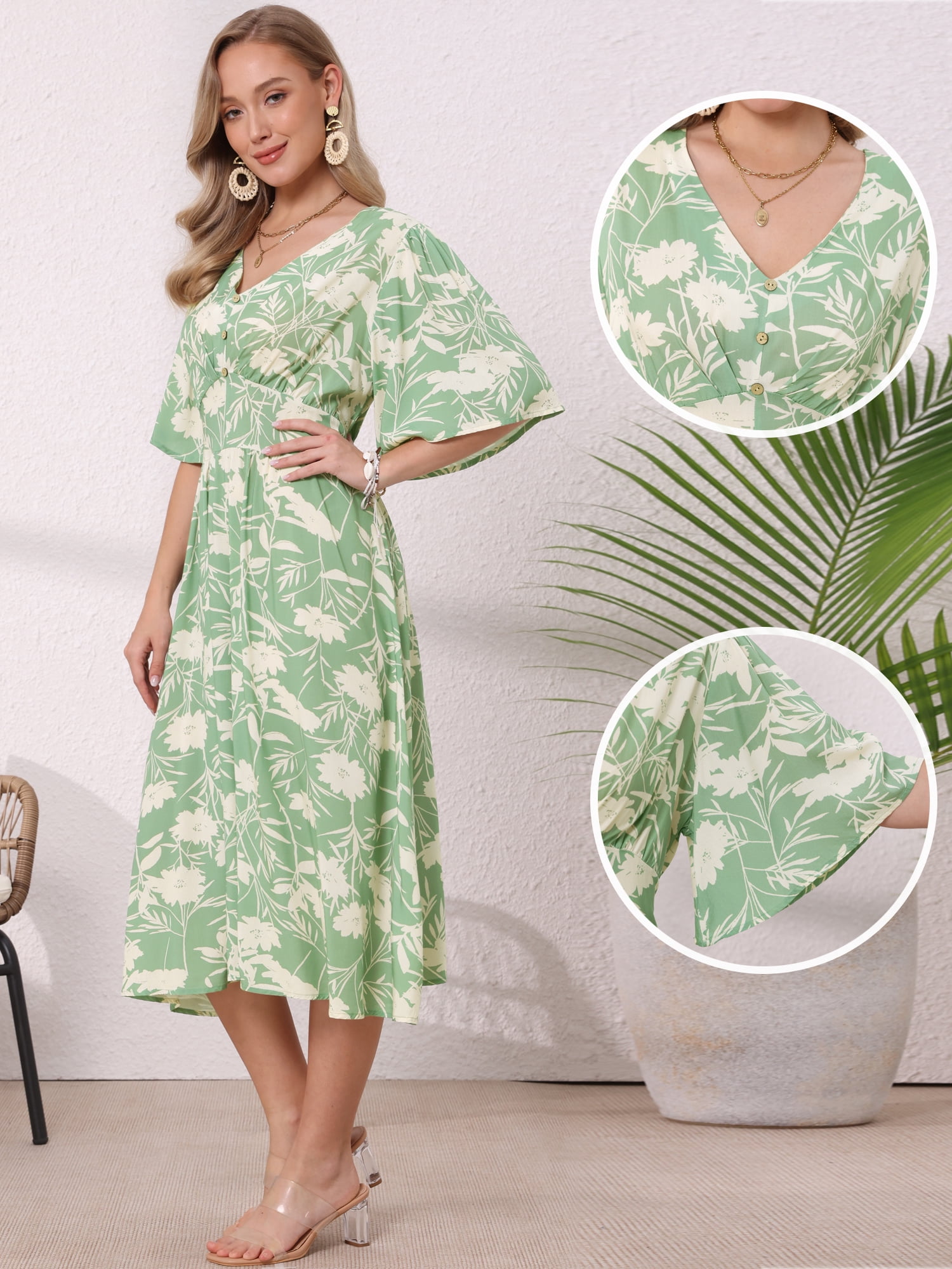 DARING DIVA Women's Floral Midi Flutter Sleeve V Neck Flowy Dresses L Green