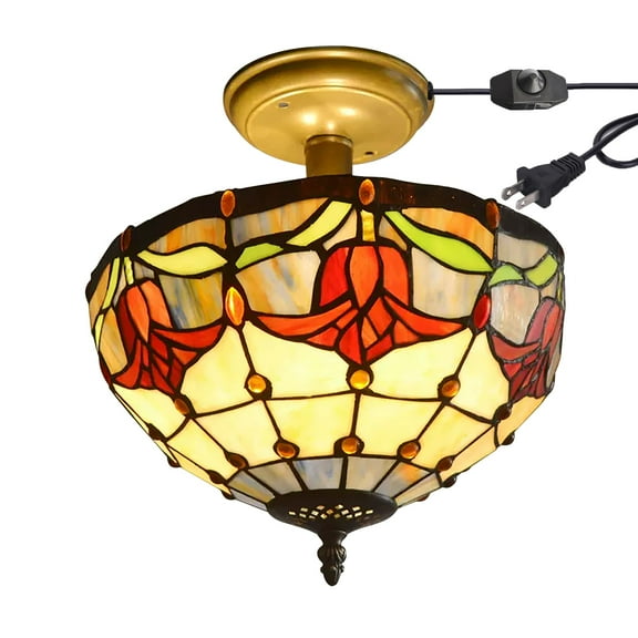 Kiven 11.8in Flush Mount Ceiling Light Fixture Dimmable, 2-Light Anti Glare Close to Ceiling Light with 15FT Plug-in Cord, Tiffany-Style Glass Chandelier for Bedroom Kitchen Hallway(No.3189)