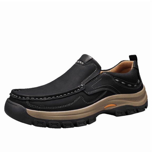 Men's Black Slip-On Thick Sole Outdoor Leather Casual Shoes