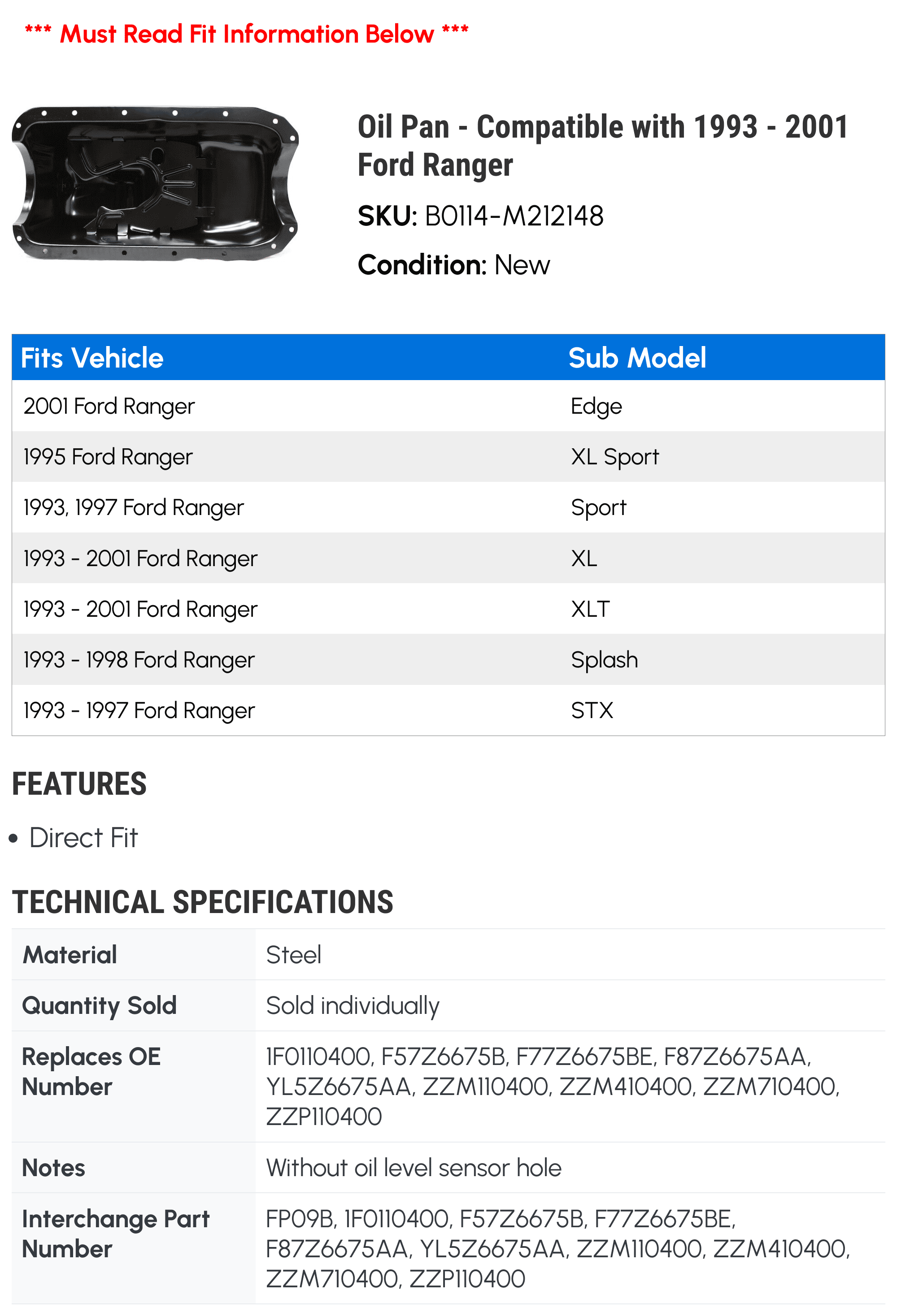 Oil Pan - Compatible with 1993 - 2001 Ford Ranger 1994 1995 1996 1997 1998 1999 2000