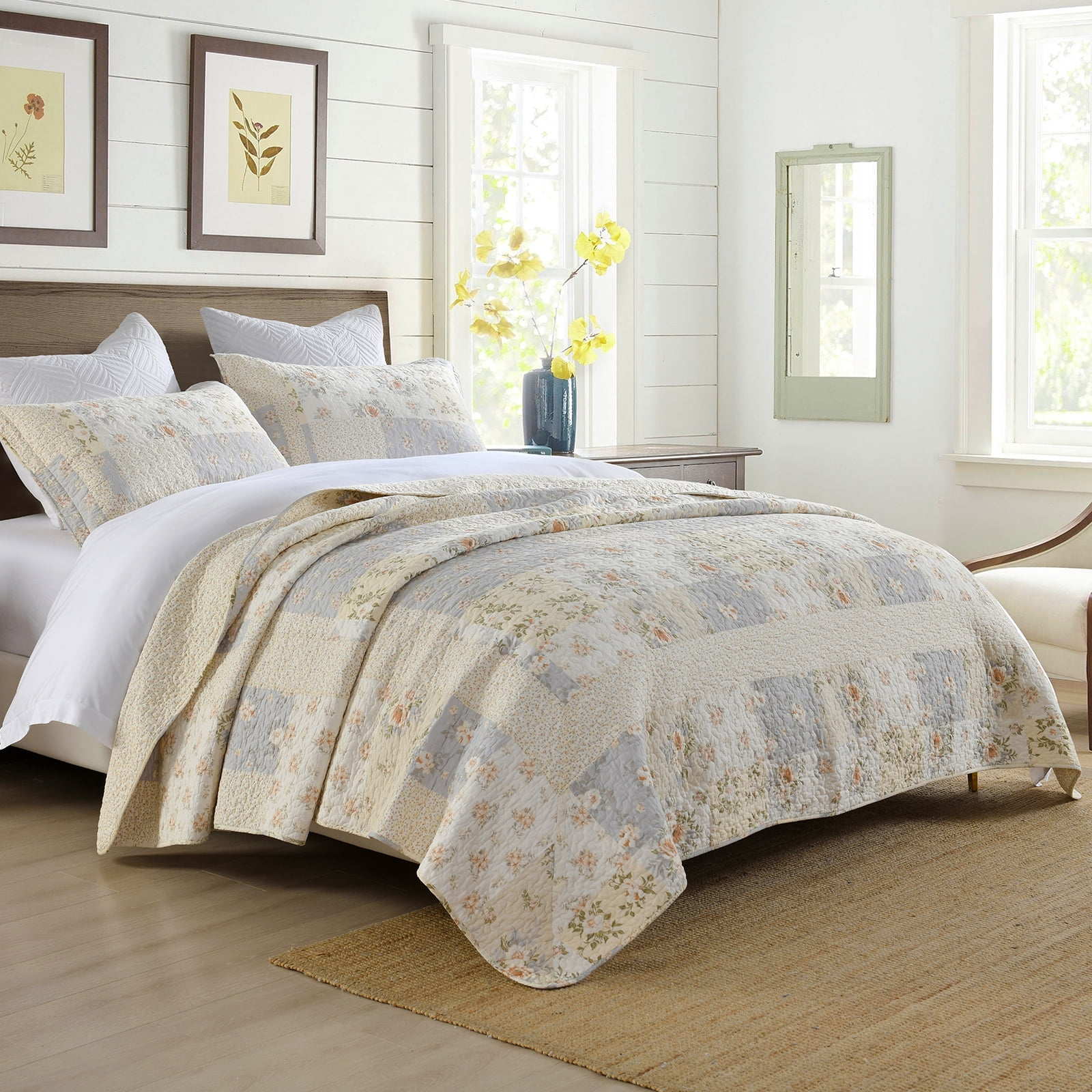 DUOHONG King Bedspread 120"W x 120"L - 100% Cotton Reversible Lightweight Oversized Quilt with 2 Pillow Shams, Beige/Brown/Cream White