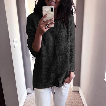 Sweater for Women Solid Color Crew Neck Long Sleeve Loose Knit Pullover Dense Simple Stylish Top Black XXL