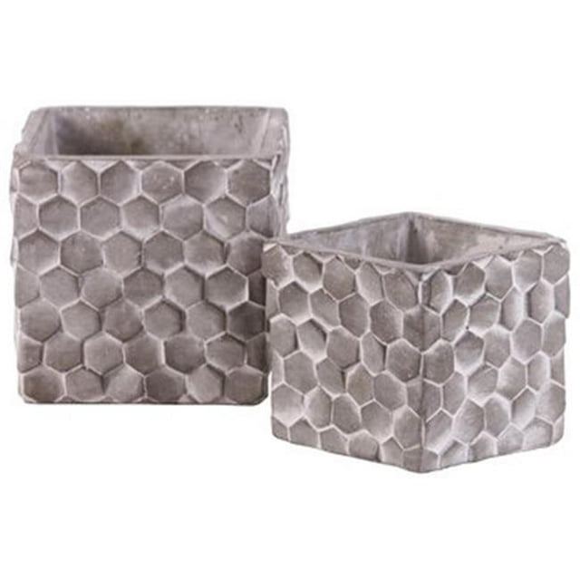 Cement Square Pot with Hexagonal Lattice Pattern Design Body, Washed Concrete Finish, Gray - Set of 2