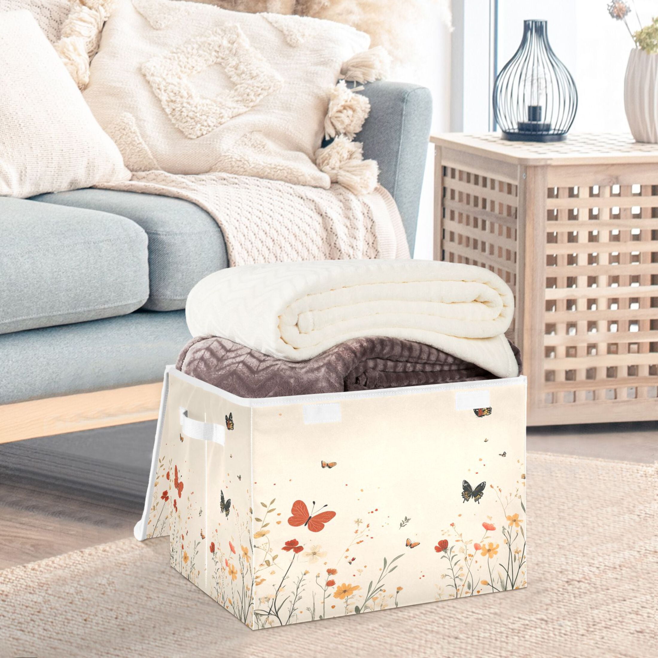 WOBOGO Butterfly Wildflower Pictures Large Collapsible Storage Box Flip Lid Fabric Decorative Organizer Container Basket with Handles 16.5×12.6×11.8in
