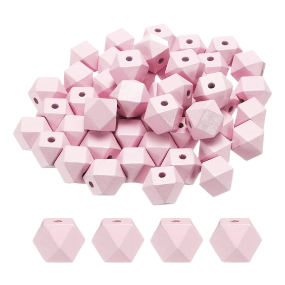 Uxcell 50pcs 20mm Light Pink Geometric Wood Beads 4mm Large Hole Polygon Wooden Loose Spacer Beads for Jewelry Making Necklace Bracelets DIY Crafts Macrame Handmade Decorations