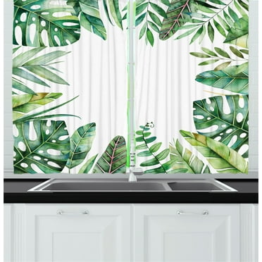 Ambesonne Plant Kitchen Curtains, Jungle Themed Picture, 55"x39", Fern Green