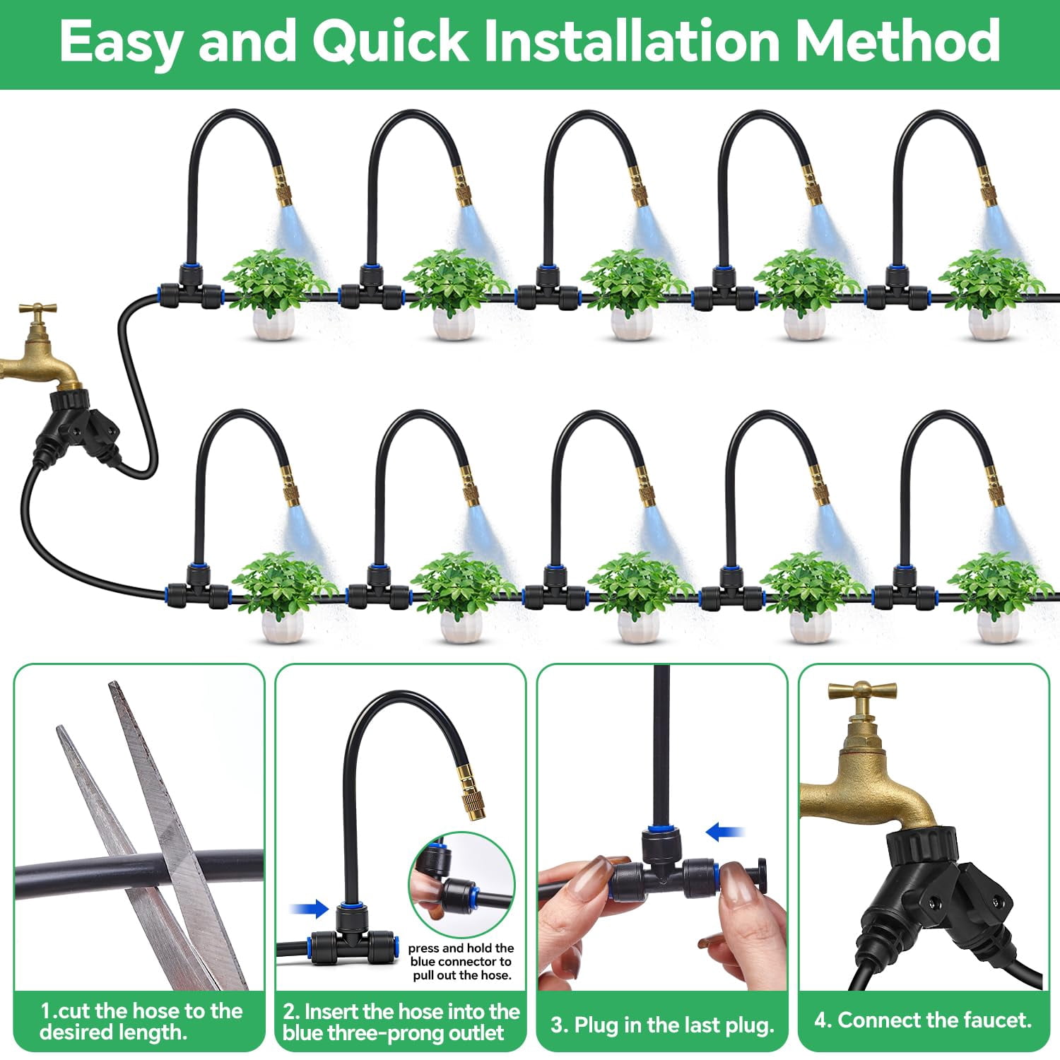 140ft 1/4" Drip Irrigation System For Garden - 30 Adjustable Copper Nozzles  Automatic Atomizing Sprinkler Outdoor Plants Raised Bed Yard Potted & Lawn