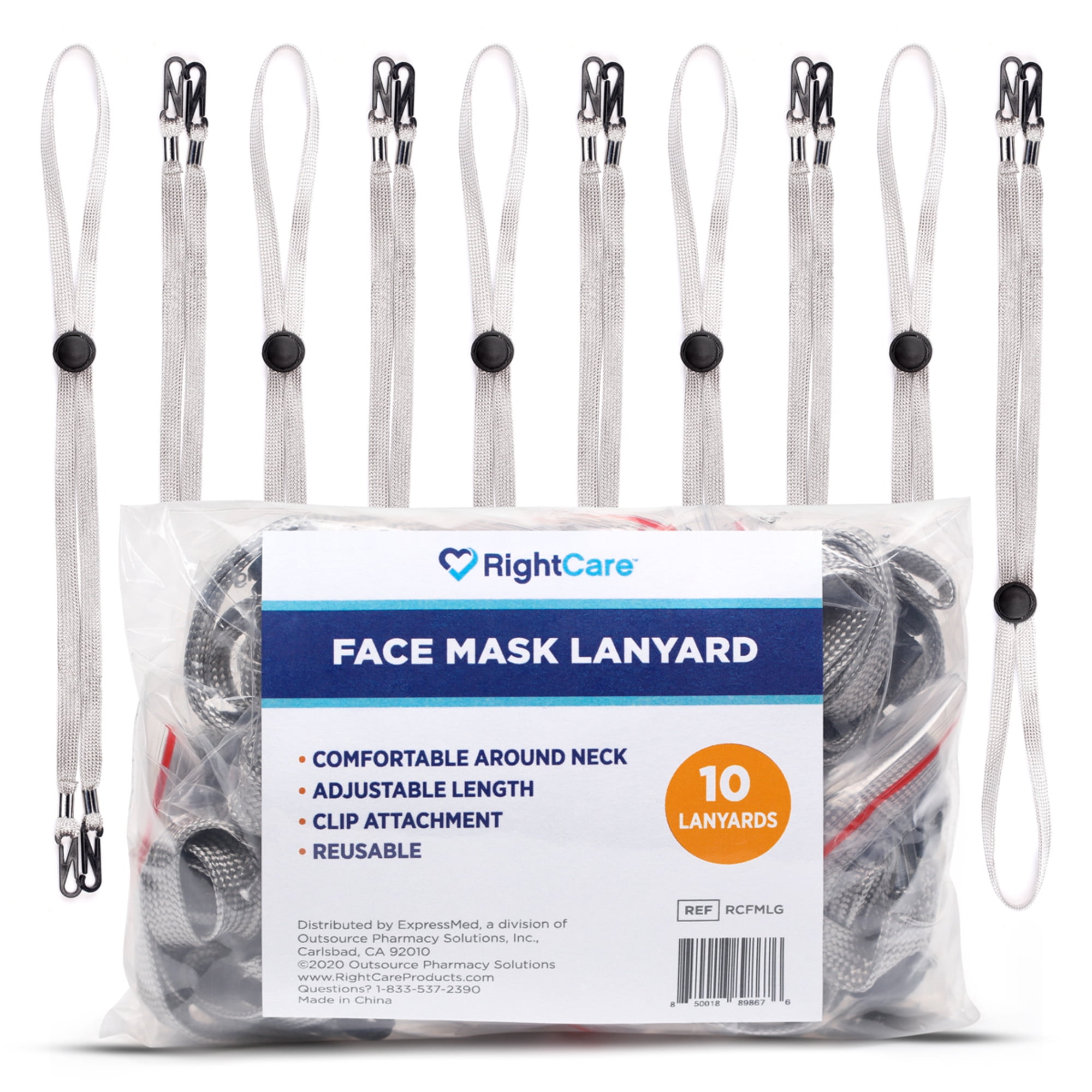 RightCare Lanyard for Face Mask, Universal, Gray, 10 Pack