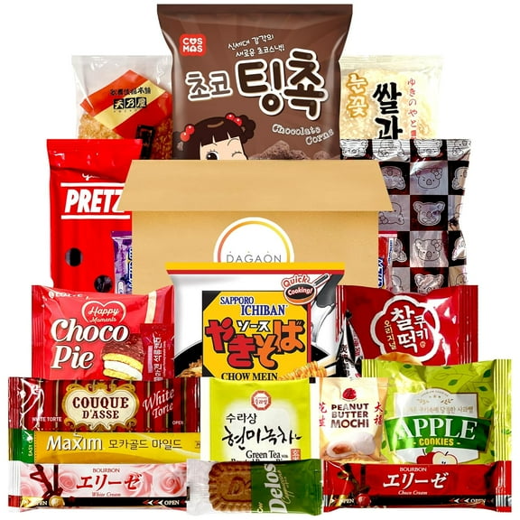 Korean Japanese Snack Box 20 Count - Collection of Snacks Including Ramen, Biscuits, Cookies, Pies, Crackers, Chips, Candies and Much More from Japan and Korea. Dagashi Assortments Set.